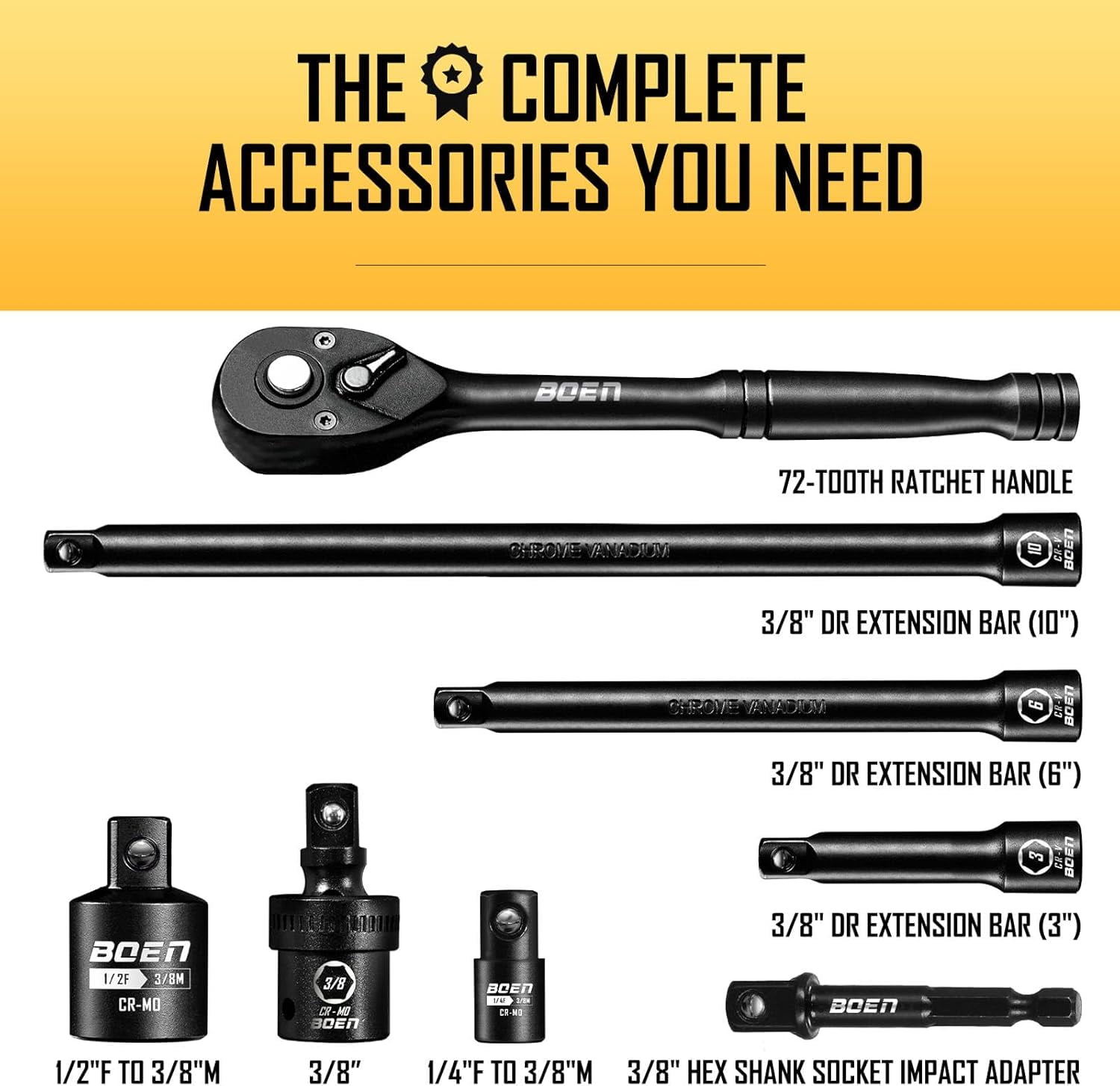 3/8" Drive Impact Socket Set, 57-Piece Standard SAE (5/16 to 3/4 inch) and Metric (8-22mm), Include Ratchet Handle, Extension Bar, Universal Joint, Adapter, and Additional 5 10mm Sockets