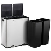 16 Gallon(60L) Dual Trash Can,Stainless Steel Step-on Kitchen Garbage Can with Lids, Foot Pedals and Inner Buckets,Rectangular Dual Compartment Recycling Bins for Kitchen Office Home Use,Silver