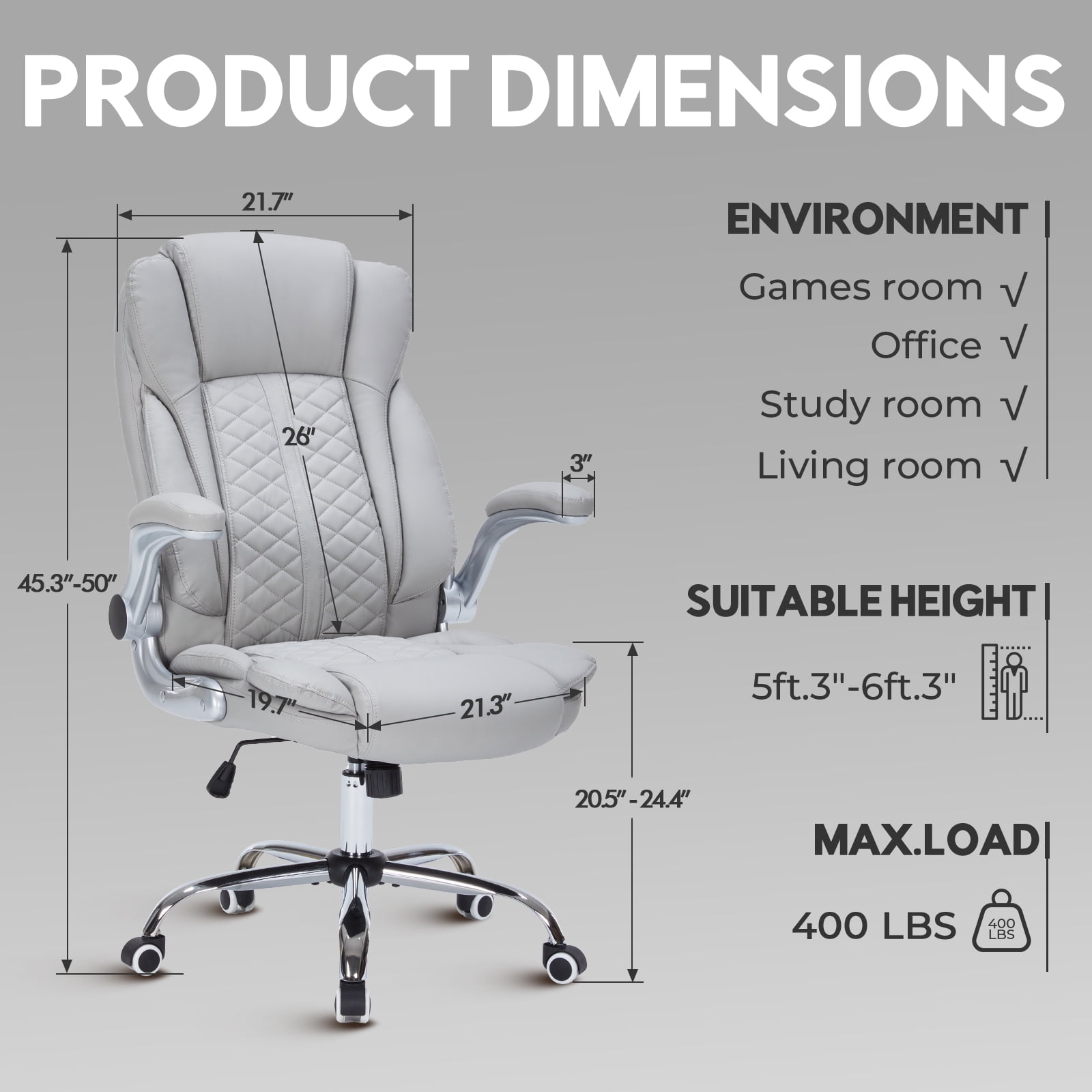 HESL Office Chair with Flip-Up Arms, Big and tall Office Chair with Rocking Mode, Desk Chair, GREY