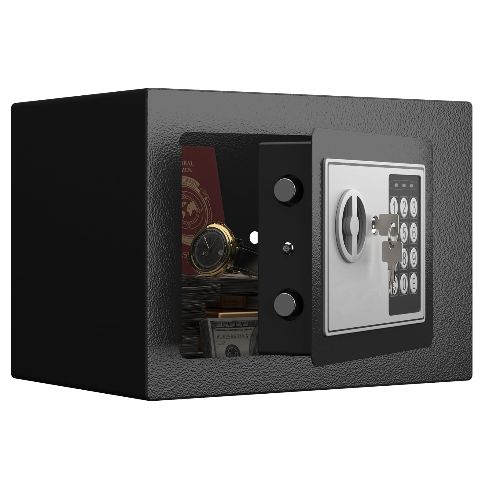 Marcree Small Safe, 0.23 Cubic Lock Box for Keys with Code, Steel Safe with Key, Digital Security Safe, Number Keypad Safe for Money, Jewelry, Wall Safe for Home, Hotel or Business, Black
