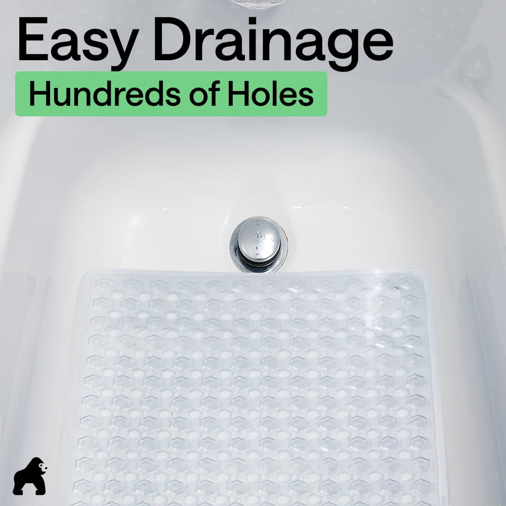 GORILLA GRIP Patented Bath Tub Shower Mat, Machine Washable Bathtub Floor Liner Mats, Suction Cups and Drain Holes to Keep Tubs Clean, Soft on Feet, Bathroom Essentials, 35x16 Inch, Clear