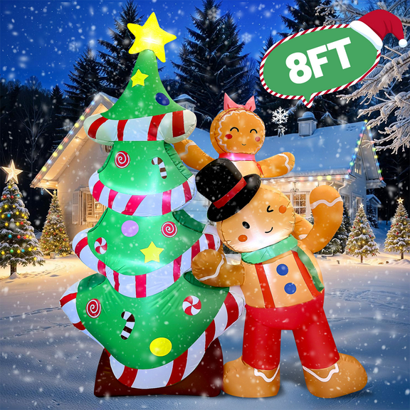 GVDV 8FT Christmas Inflatables Outdoor Decorations, Blow Up Yard Decoration(Gingerbread Man & Christmas Tree)