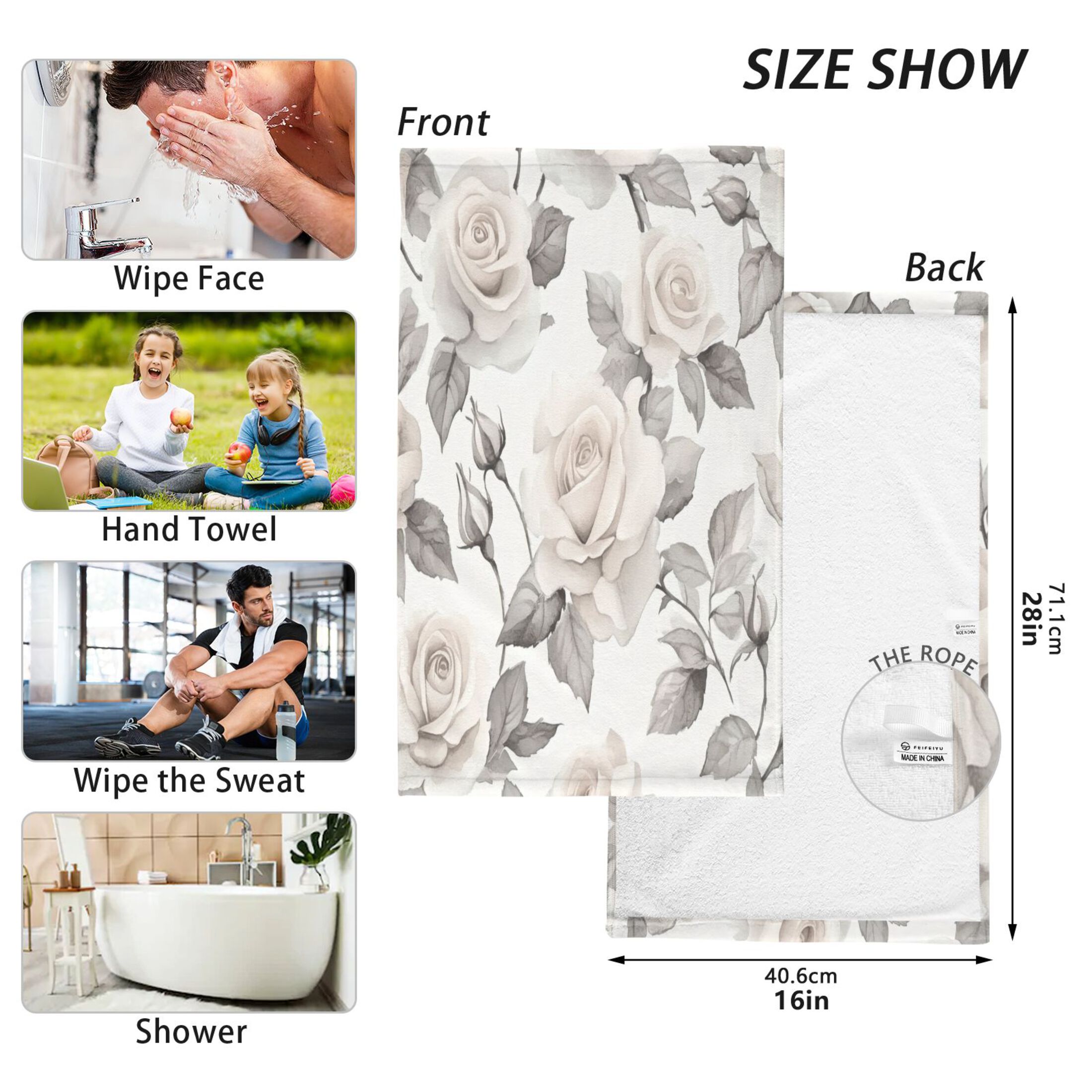 Cotton Towel Two-Piece 16x28 Inch One Sizex2 Face Towel Set Towel Set Cotton Hand Bath Towel Bathroom Beach White Roses