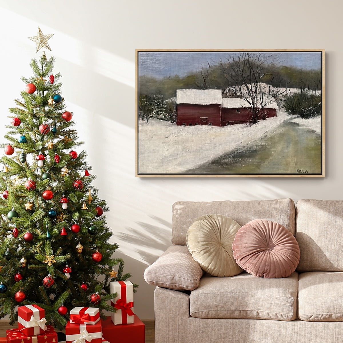 Winter Homestead II - Framed Gallery Wrapped Holiday Canvas - 27 x 41 - Natural Wood Frame