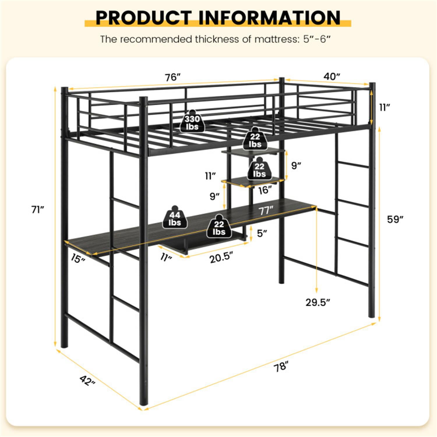 Demi Bonn Twin Size Metal Loft Bunk Bed with Desk Shelf and Full Length Guardrail for Teens, Brown