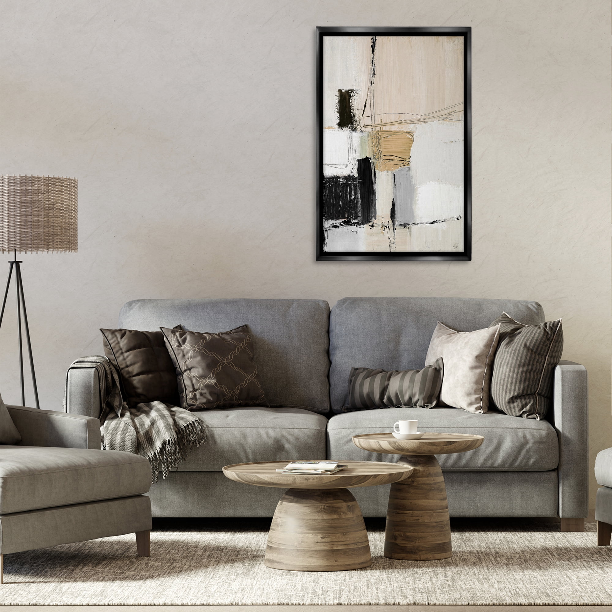 Stupell Industries Beige Organic Shapes Collage Abstract Painting Black Floater Framed Canvas Art Print Wall Art, 21 x 31