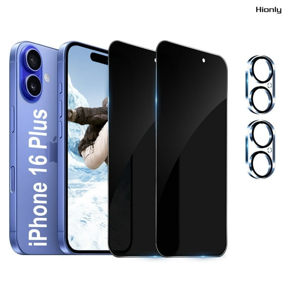 [2 2 Pack] Hionly for iPhone 16 Plus Privacy Screen Protector with Camera Lens Protector,Sensor Protection,Case Friendly Tempered Glass Film[9H Hardness] [Bubble Free] [Easy Install]