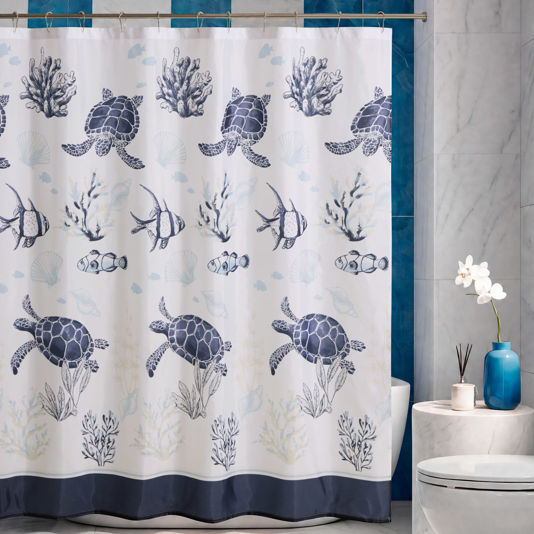 CHI Doria Shower Curtain with Hooks and Rugs Modern Washable 72" W x 72" L 15-Piece Set
