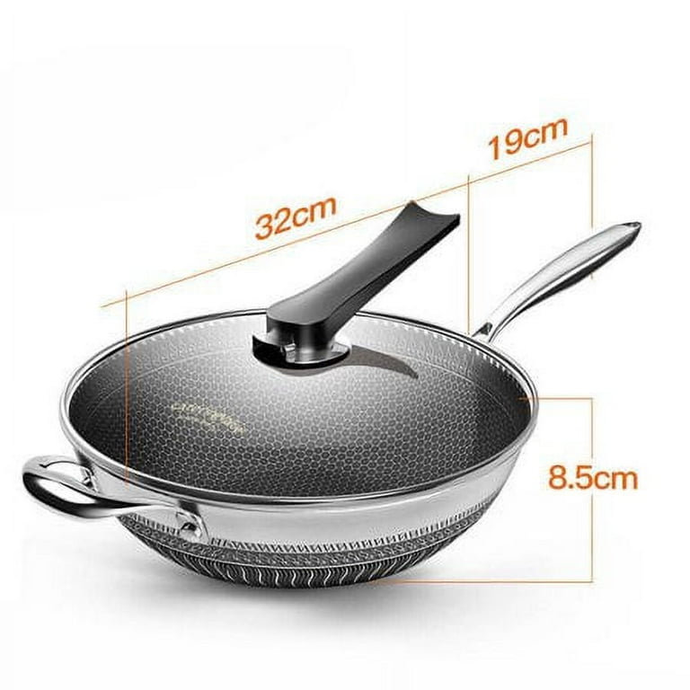 Double-Sided Honeycomb Frying Pan, Stainless Steel Wok with Glass