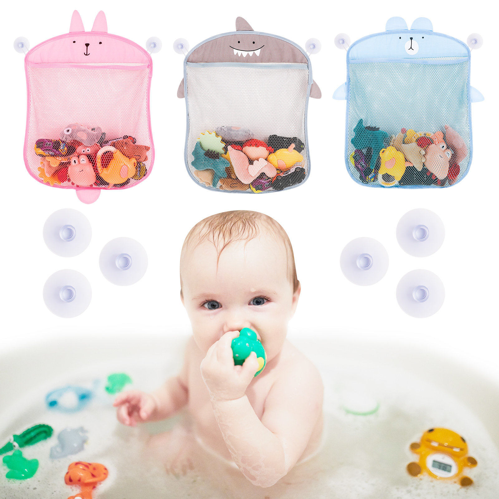 HEQUSIGNS 3Pcs Mesh Bath Toy Organizer with 6 Strong Suction Cup Hook
