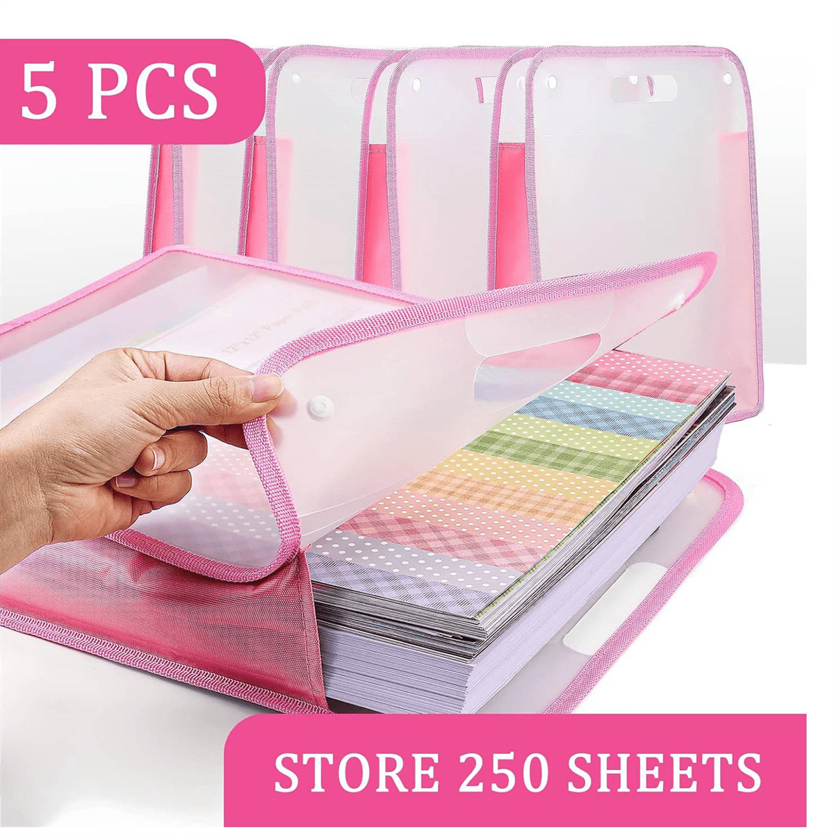 5 Pack Scrapbook Paper Organizer, Pink Expanding Paper , Portable Scrapbook Paper Storage with Button Closure