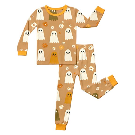WOYY Halloween Girls Pajamas Cute Ghost Print Long Sleeve Top Pants Sleepwear, Sizes 2-10