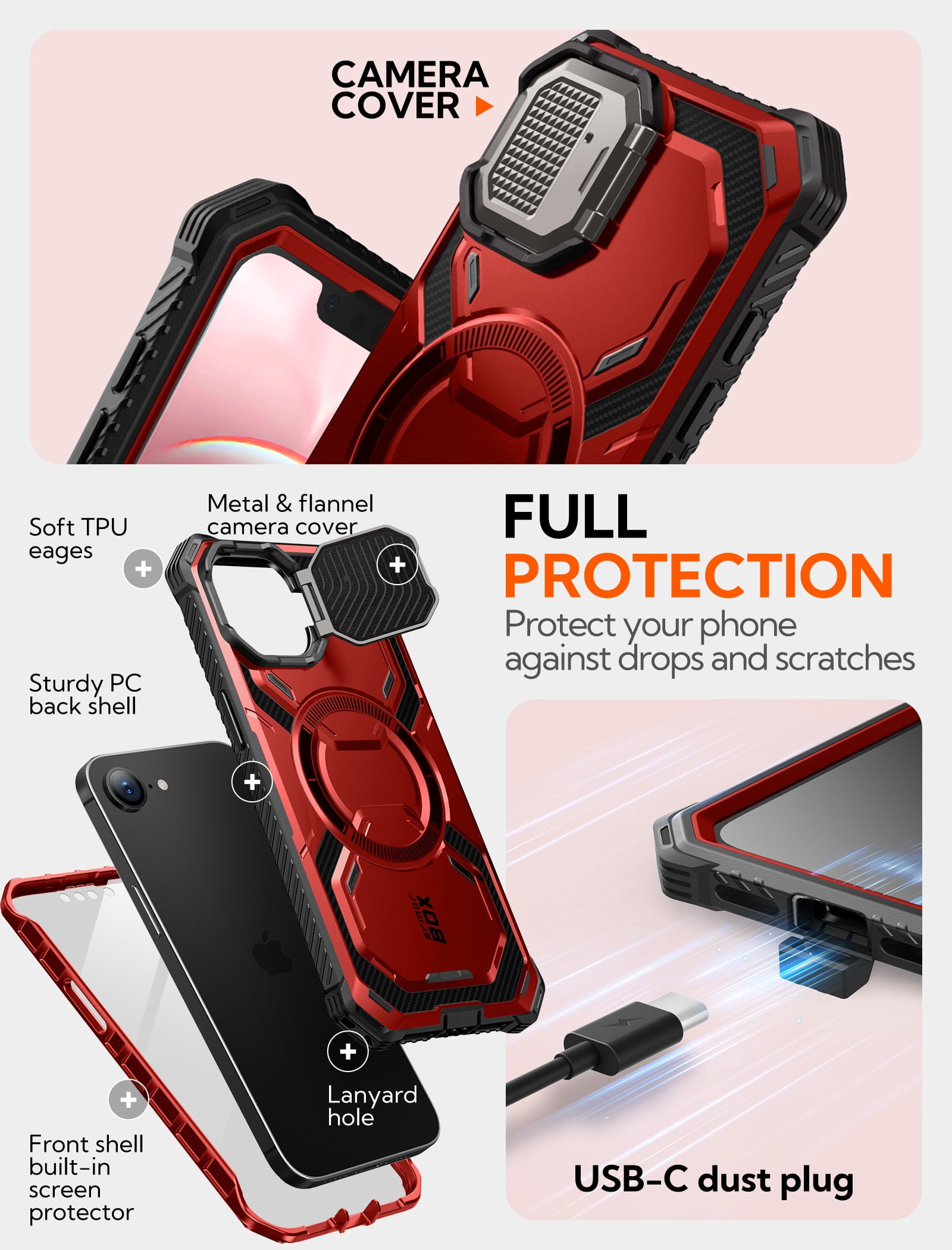 i-Blason for iPhone 17e/16e 6.1" Case with Camera Cover Stand [Built-in Screen Protector] [Wireless Charging Compatible] Full-Body Heavy Duty Military-Grade Protection Magnetic Phone Case, Ruddy