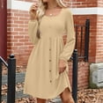 thumbnail image 2 of WTOBBY Women's Fashion Round Neck Casual Slim Solid Waist Long Sleeve Dresses - Elegant and Fitted Dress with Waist Accent, Perfect for Slimming Silhouettes or Office Wear,Khaki 2XL, 2 of 5