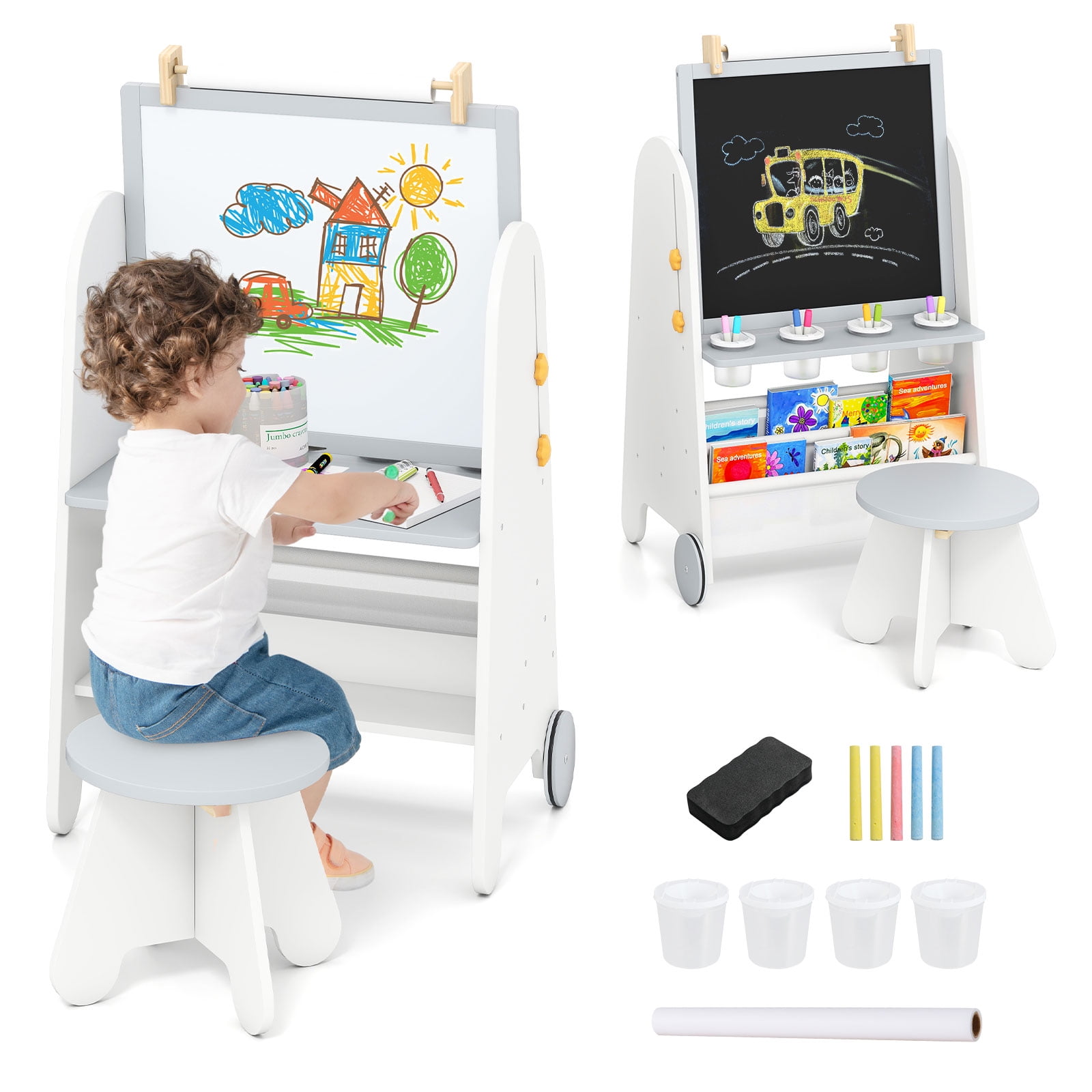 INFANS Easel for Kids with Stool, 4-in-1 Double-Sided Adjustable Magnetic Chalkboard with Paper Roll, Bookshelves, Wheels, Wooden Standing Painting Drawing Art Board for Boys Girls