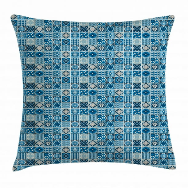 Navy Blue Throw Pillow Cushion Cover, Grid Style Squares with Ornamental Floral and Geometric