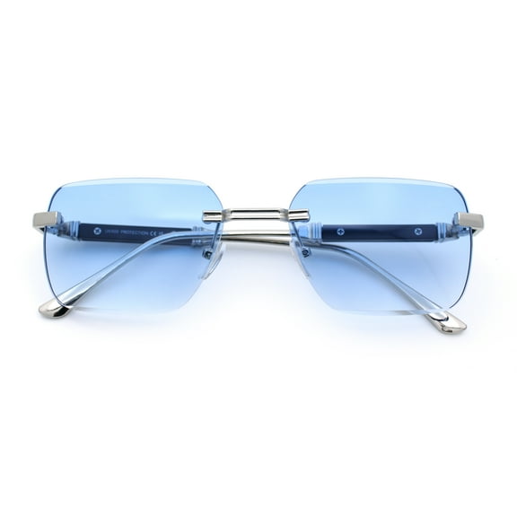 Mens Luxury Urban Gangster Beveled Rimless Rectangle Sunglasses Silver - Blue