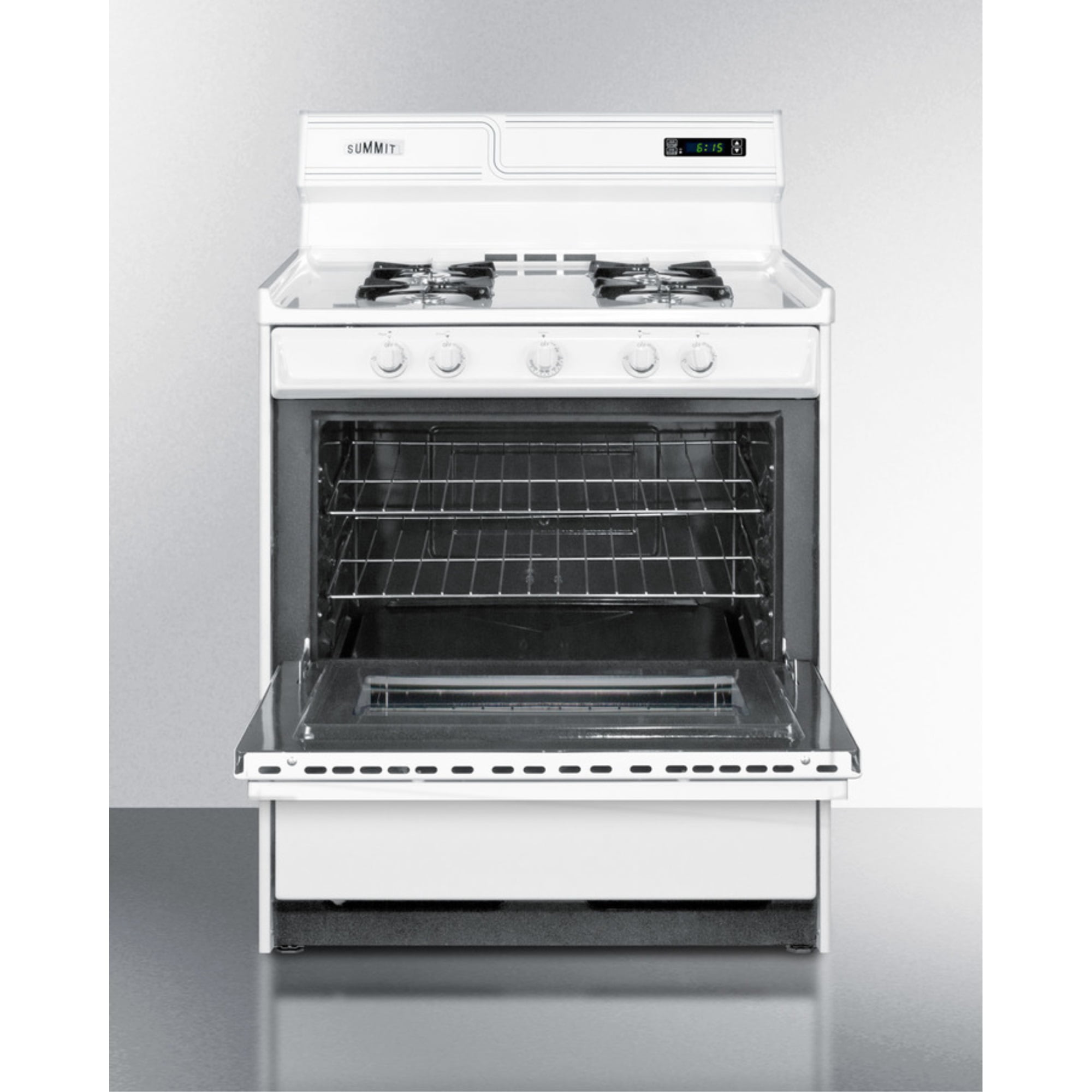 30" wide gas range in white with open burners, oven window, high backguard, and spark ignition