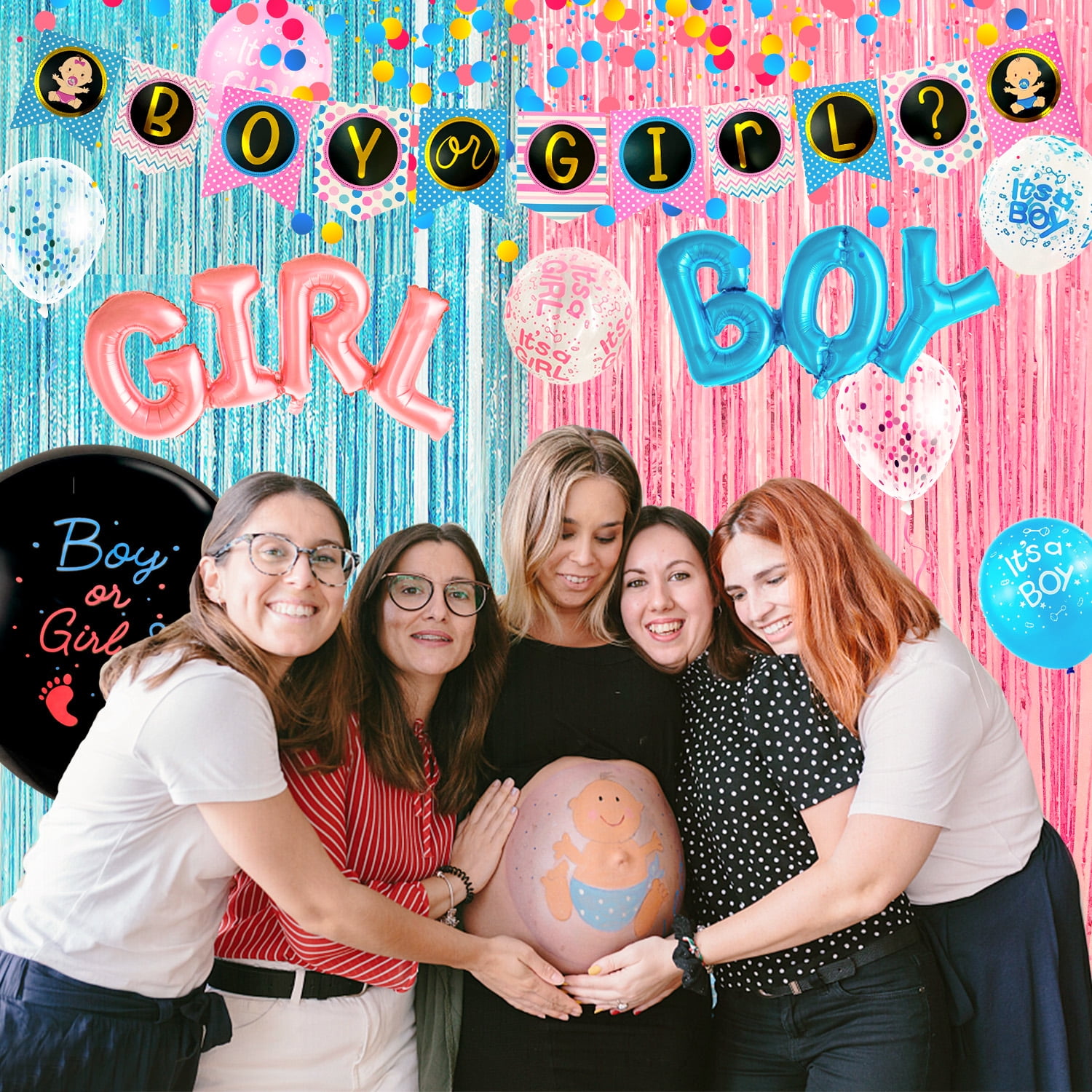118PCS Baby Gender Reveal Party Supplies Gender Reveal Balloons Boy or Girl Banner, Mommy To Be Sash Baby Gender Reveal DecorationsDecorations Balloons Tablecloth Pennant Cutlery Set & Cupcake Topper