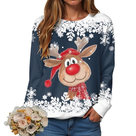 larppty Ugly Christmas Sweater Funny Xmas Reindeer Print Christmas Party Holiday Pullover Winter Clothes 2025 (Navy, M)