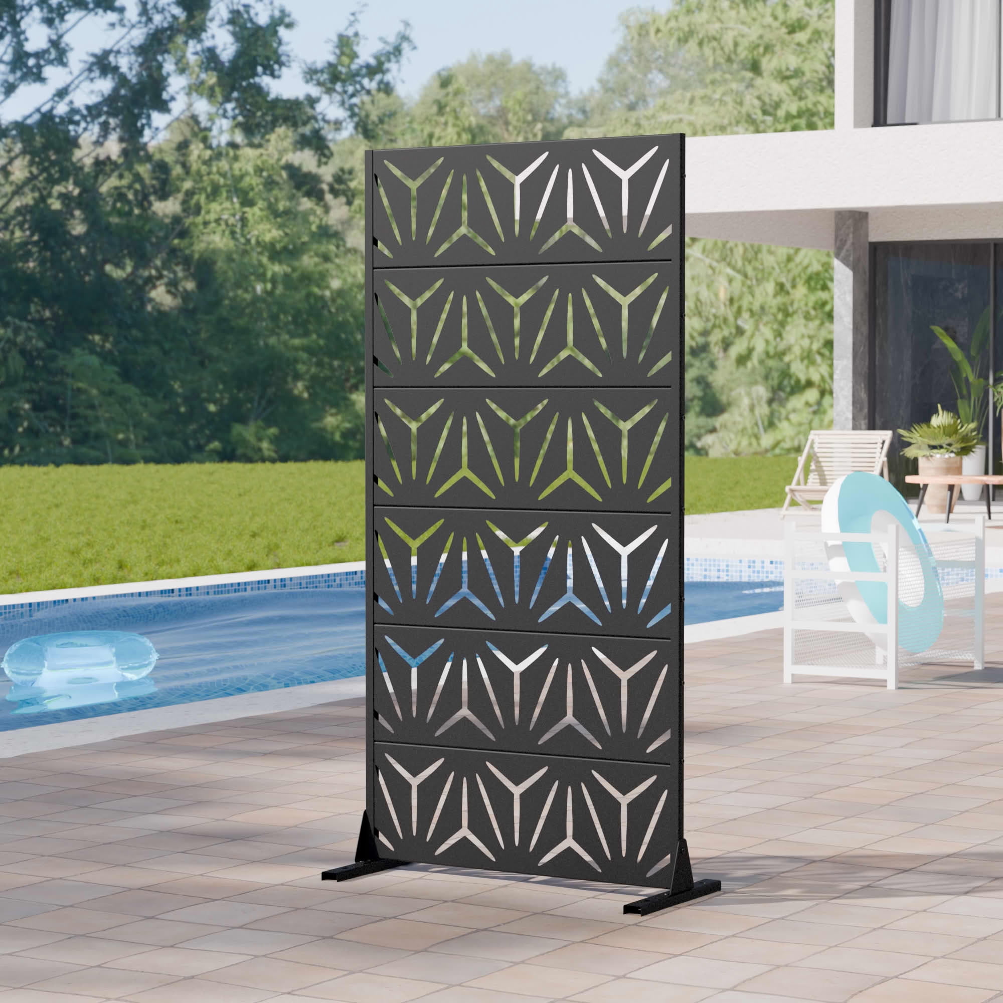 MAYEERTY 2-Piece Outdoor Metal Privacy Screen 6ft × 3ft Black, 6-Panel Geometric Y-Pattern Decorative Screen for Patio
