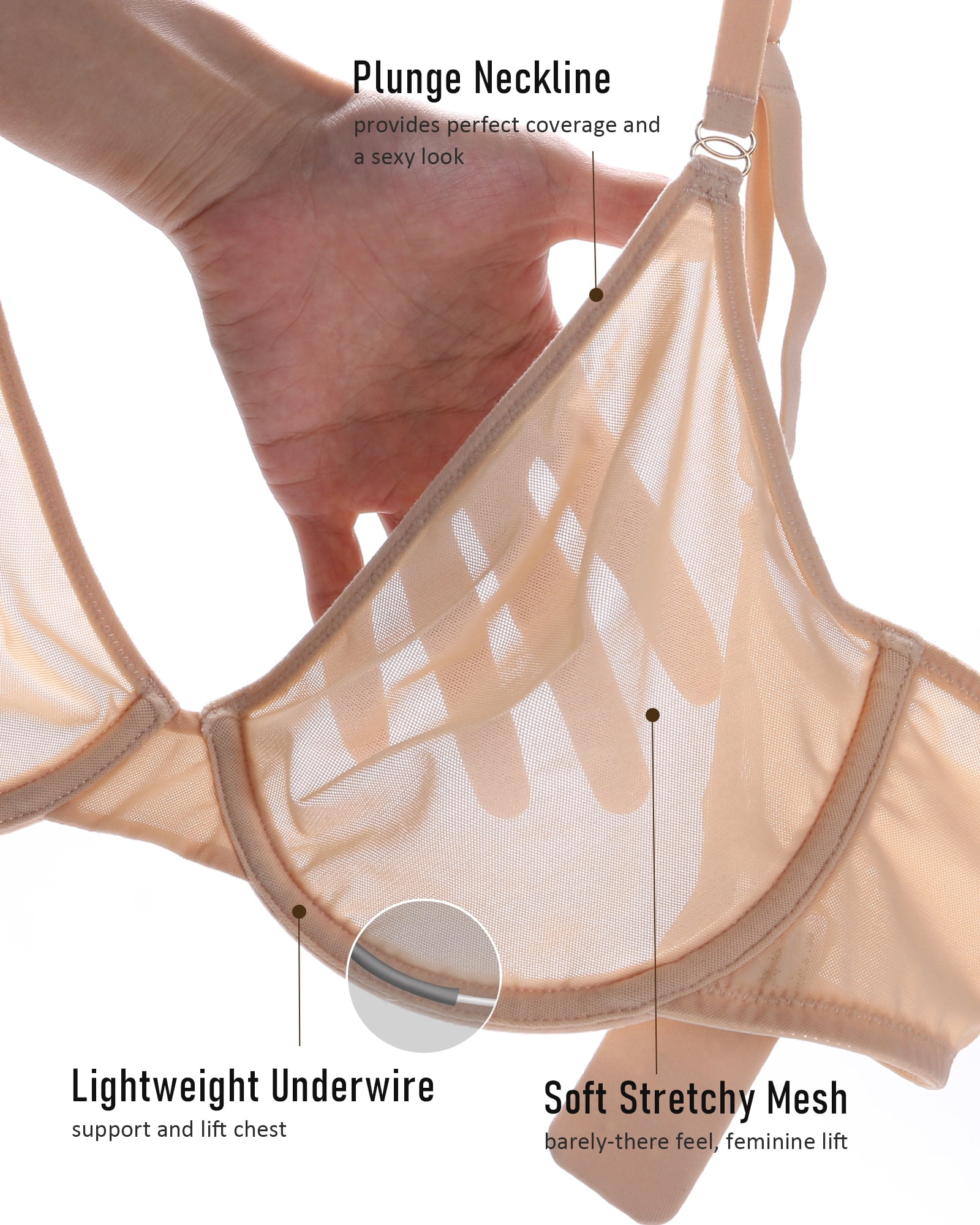 Exerin Women's See Through Underwire Unlined Comfort Sexy Sheer Mesh Bra(36C,Beige)