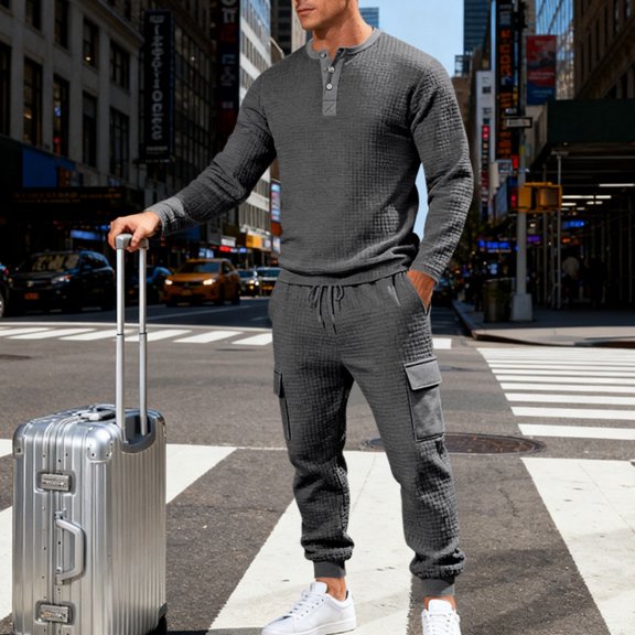 BFHHYA Men's 2 Piece Tracksuit Crew Neck Long Sleeve Henley Shirts Drawstring Elastic Waist Cargo Pants Set Casual Sweatsuit Set