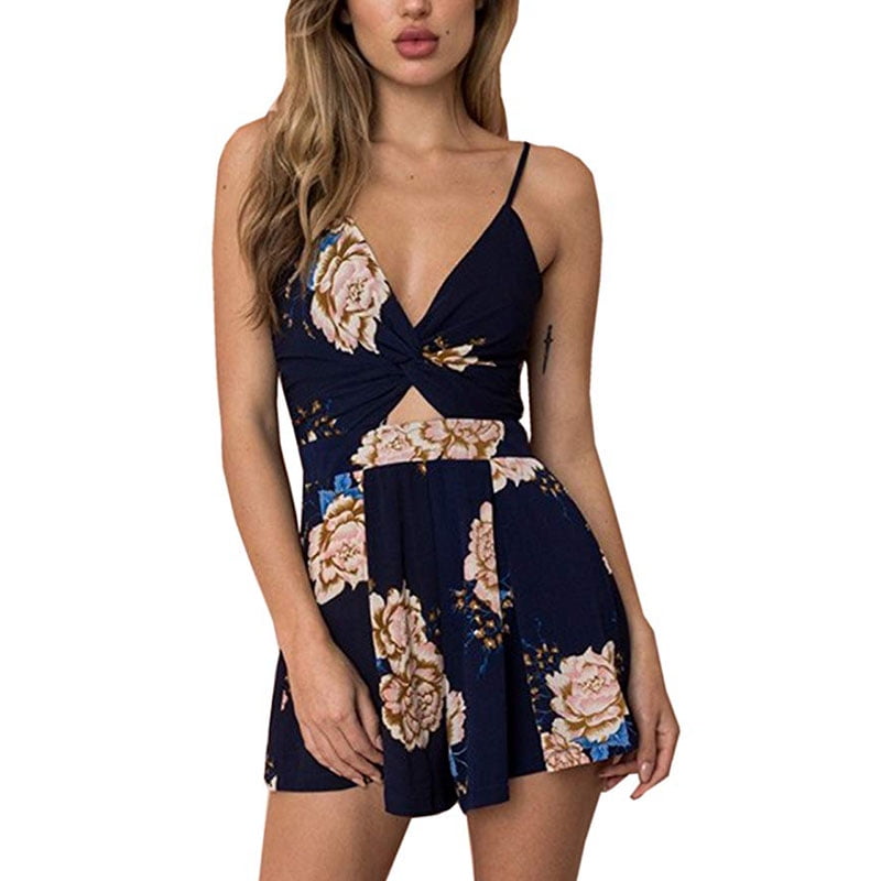 Shorts v neck jumpsuit clubwear romper mini floral Women spaghetti beach strap 