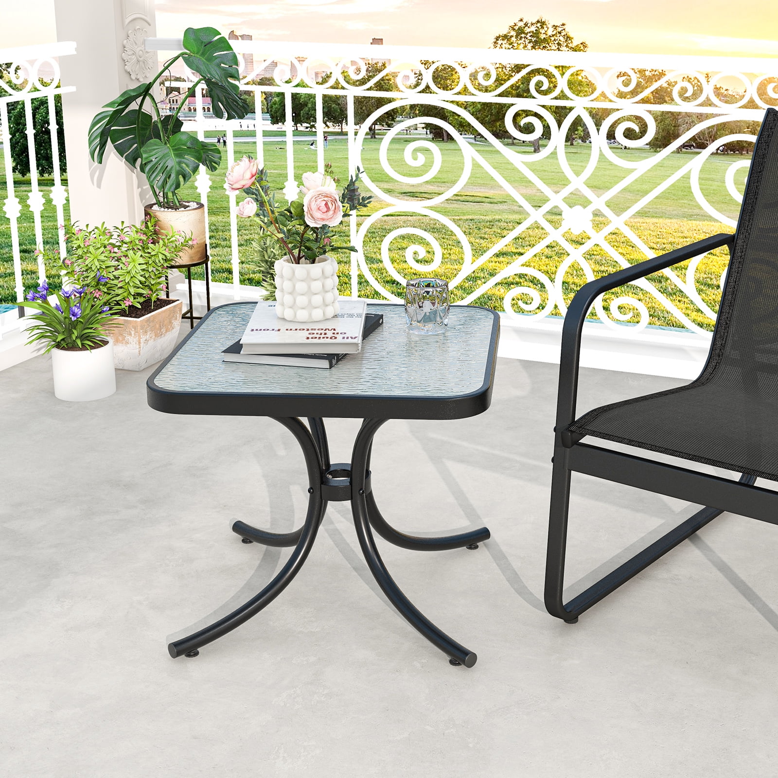 Gymax 2PCS 20'' Outdoor Side Table w/Tempered Glass Top  Metal Frame Patio End Table