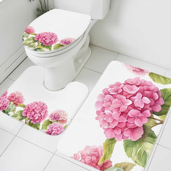 Spring Flowers Bathroom Rugs Set Pink Hydrangea Non Slip Absorbent Soft Bath Mats 3 Piece Set with Bathroom Rug, U-Shaped Floor Mat, Toilet Seat Cover Small Size