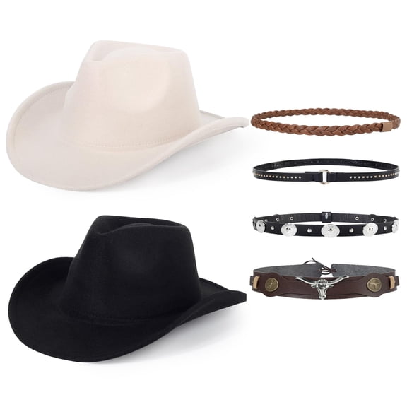 Western Cowboy Hat for Men Women Classic Roll Up Fedora Hat Cowgirl Cap,with 4 belts(Black,White)