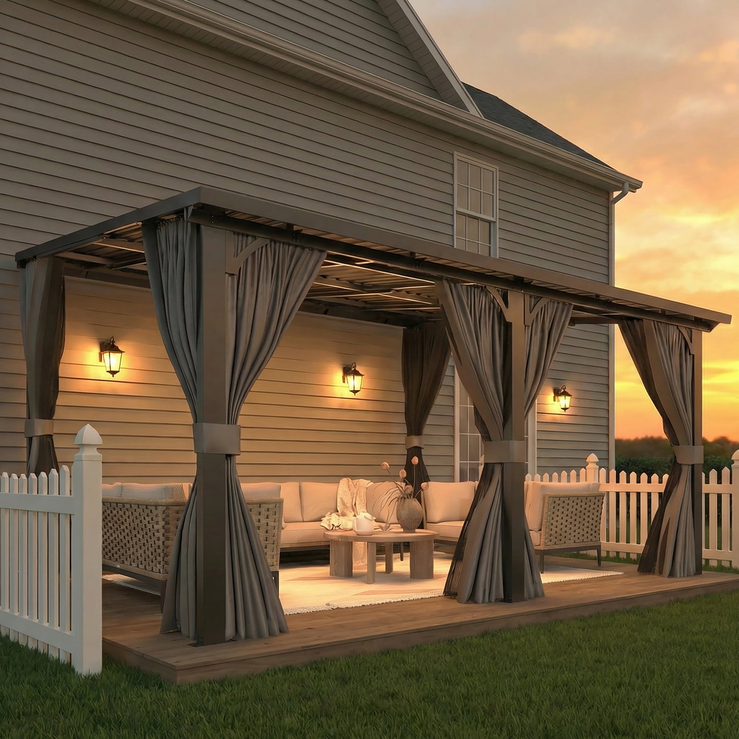 AECOJOY 14' x 12' Hardtop Patio Gazebo with Curtains and Netting, Wall Mounted Heavy Duty Outdoor Pergola on Clearance with Galvanized Steel Roof, Waterproof Metal Grill Gazebo for Backyard