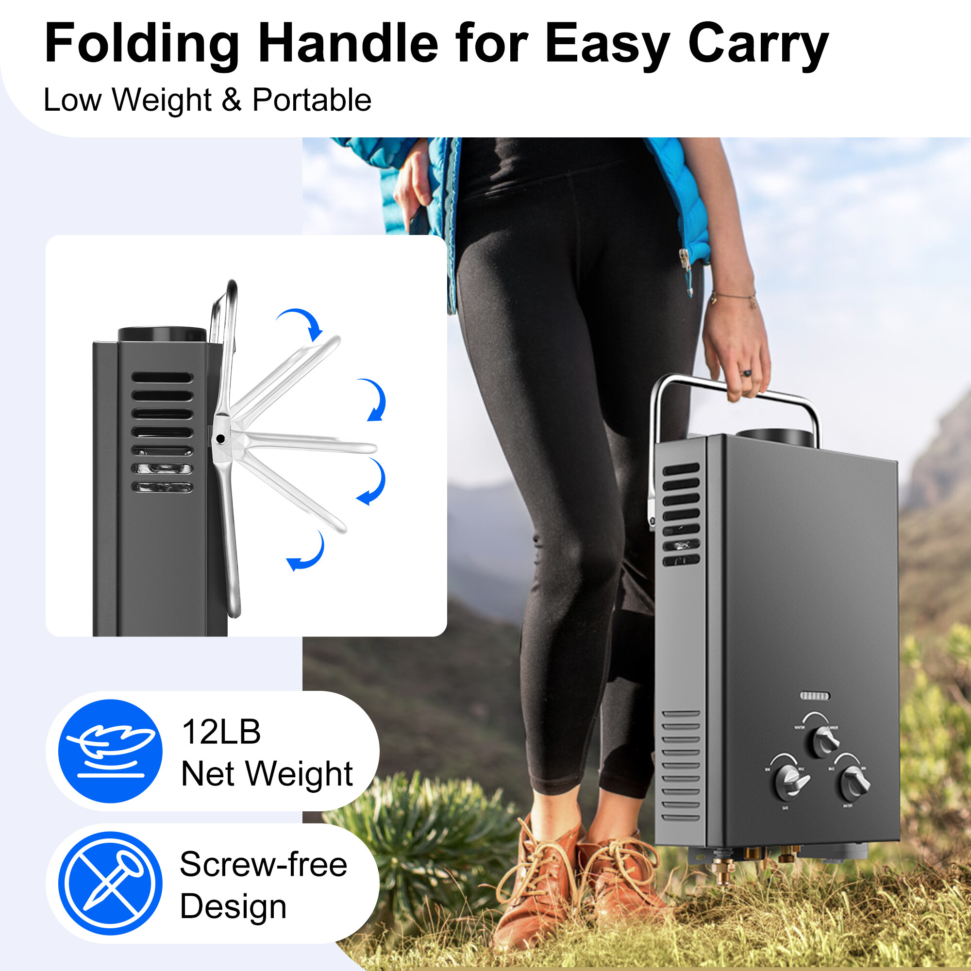 6L Portable Natural Gas Tankless Water Heater, 1.58GPM Instant Hot Shower for Camping/RV, 40K BTU, Black