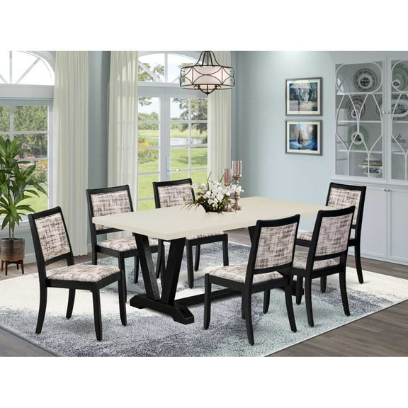 East West Furniture V-Style 7-Piece Modern Dining Table Set in Linen White