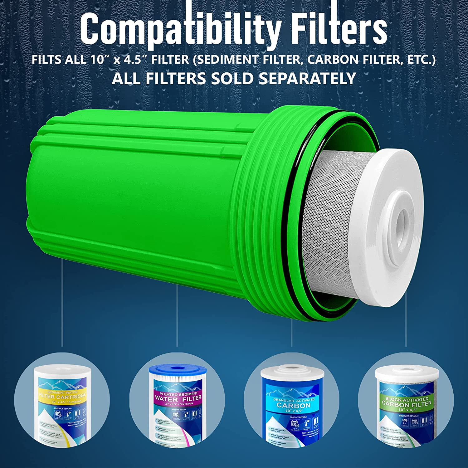 High Capacity 10 x 4.5” Whole House Filter Purifier System for Well or City Water, Presser Relief Button, 1” NPT Brass Port, Double O-ring, Meets NSF Standards & Regulations (Green, 3 Sets)
