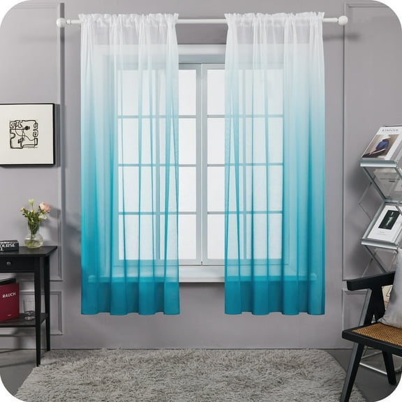 Deconovo Traditional Blue Ombre Rod Pocket Sheer Curtains, 52 x 52 in (2 Panels)