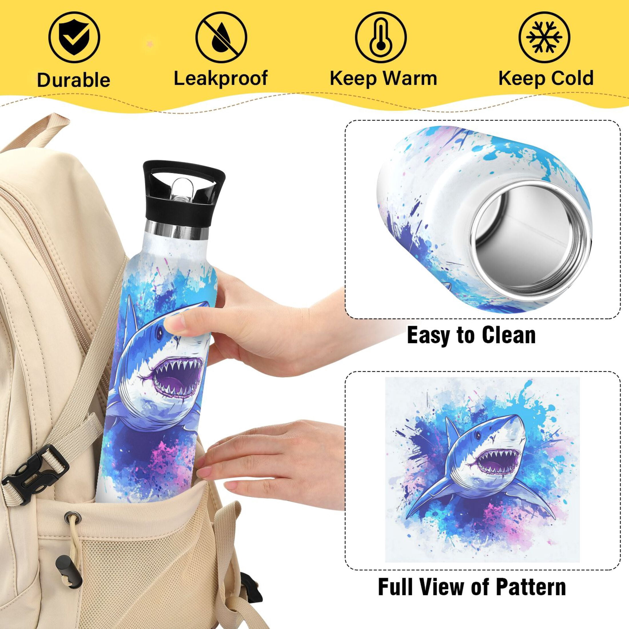 Kids Insulated Stainless Steel Sports Water Bottle 600ml (20oz), BPA-Free Angry Shark