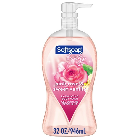 Softsoap Exfoliating Body Wash Scrub Pink Rose and Sweet Vanilla Scent, 32 oz Pump Bottle