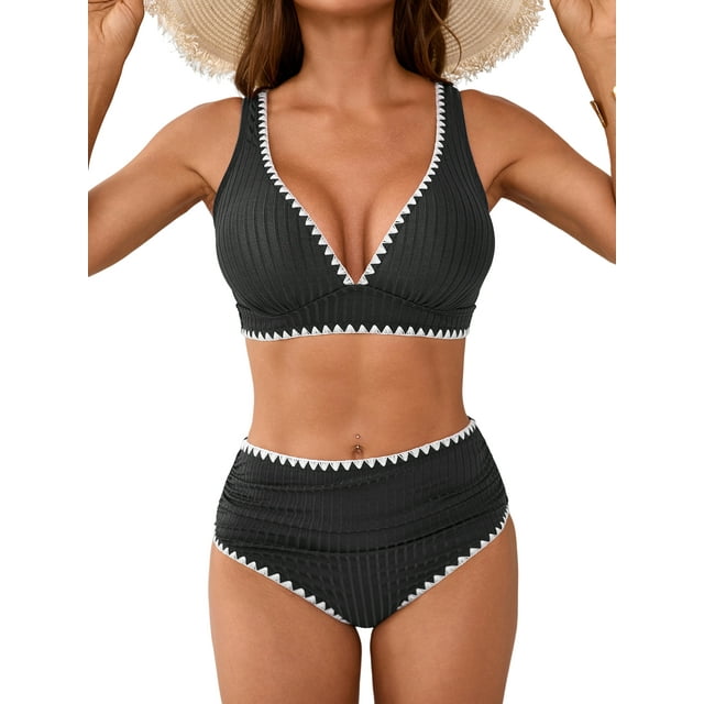 Charmo High Waisted Bikini Sets for Womens Shell Trim 2 Piece Bathing Suit Ruched Swimwear