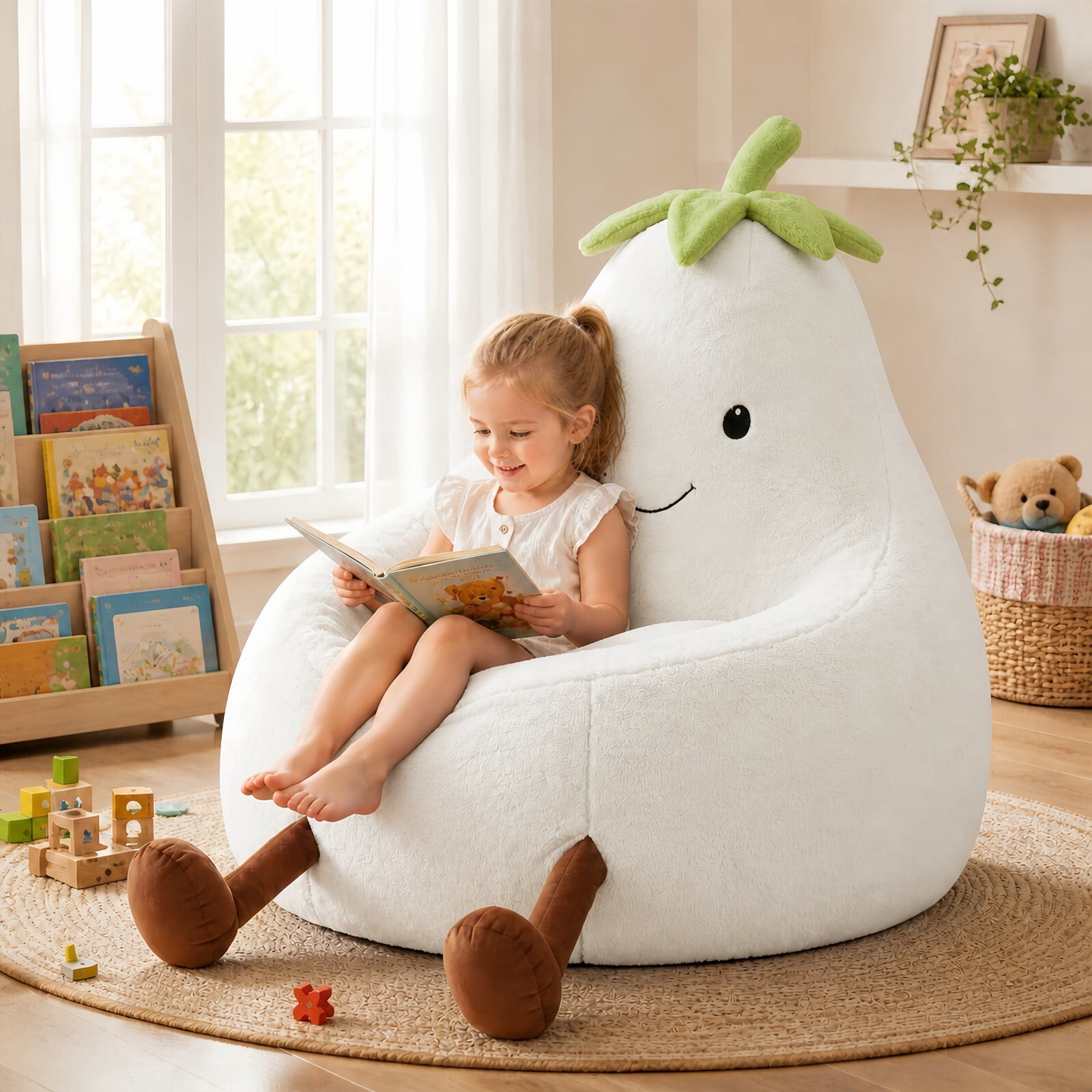 Kelno 31" Kids Bean Bag Chair Faux Rabbit Fur Lazy Chair Toddler Couch, Beige