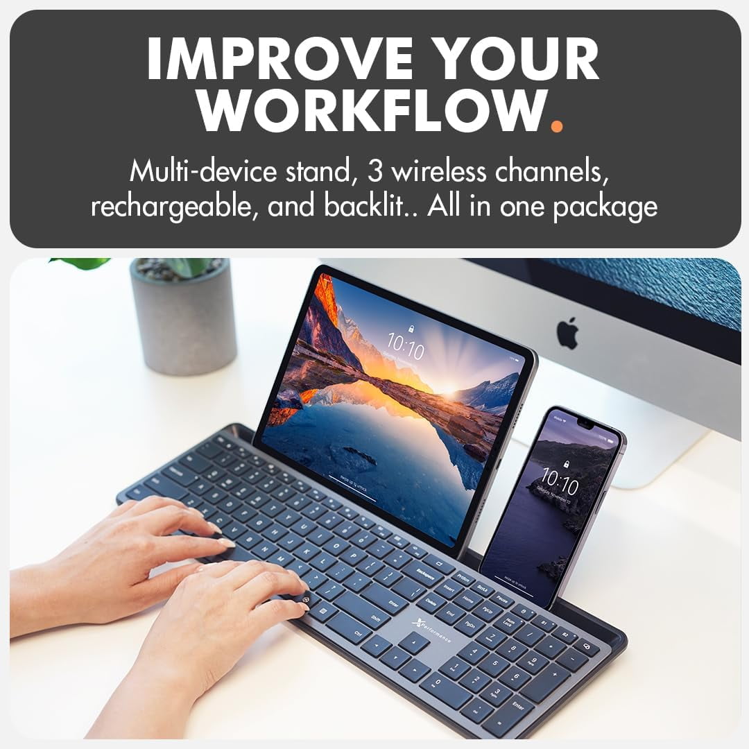 X9 Full Size Bluetooth Keyboard with Phone Holder - Backlit Wireless Keyboard, Switch Multi Device, Quiet, Slim, Rechargeable, w/Copilot for iPhone, Tablet, PC, Mac, iPad, MacBook, iOS - Gray