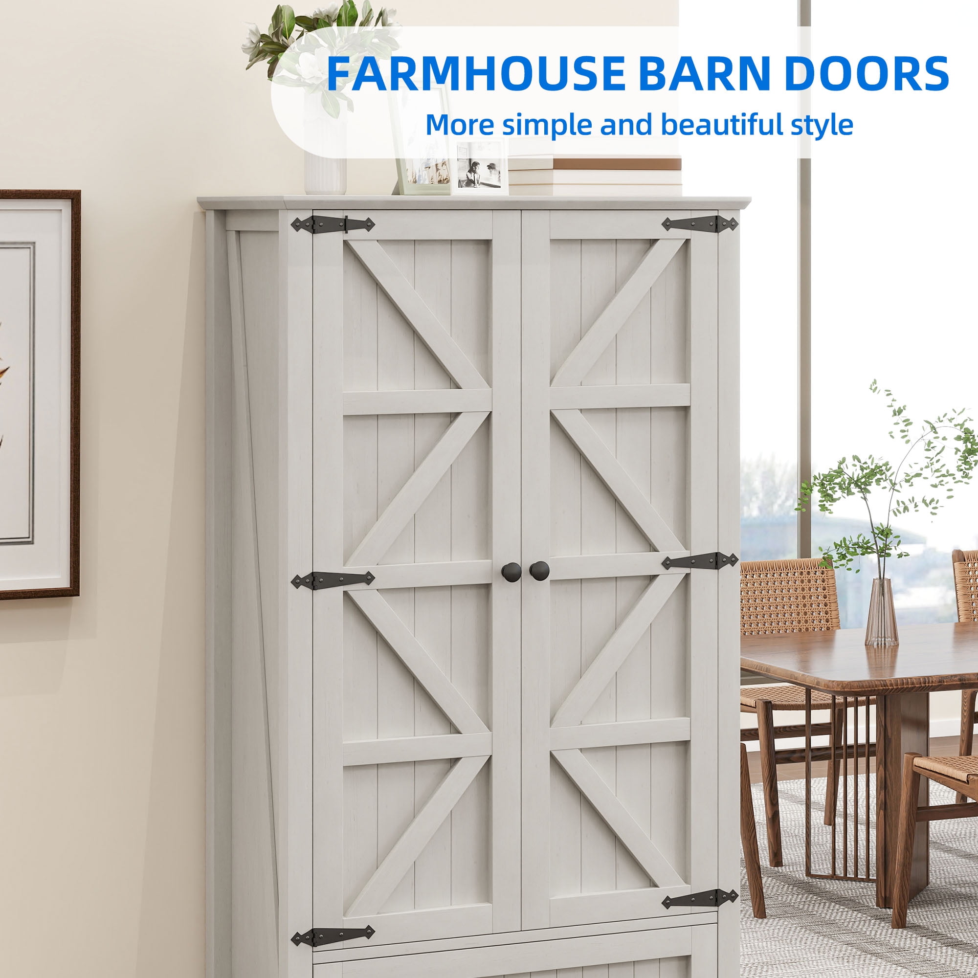 Uforic Farmhouse Kitchen Pantry Storage Cabinet with Doors & Drawers, White