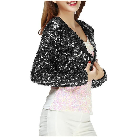 SCSAlgin Women's Sequin Jacket Long Sleeve Open Front Glitter Blazer Wedding Party Sparkly Cropped Cardigan