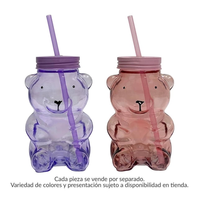 Tarro My Shop de Vidrio con Forma de Oso con Tapa y Popotes Varios Modelos 530 ml Multicolor 3 Piezas