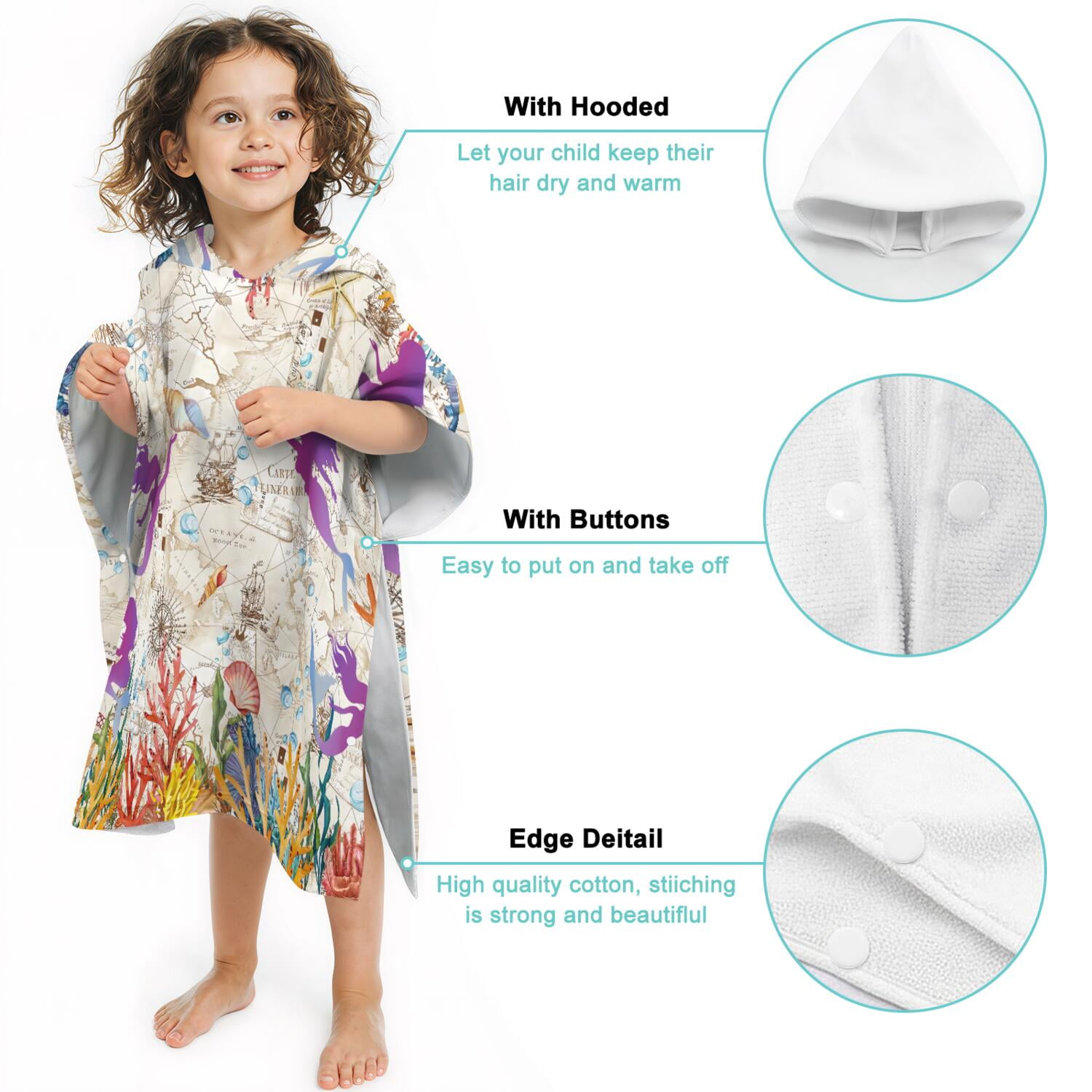 Hooded Kids Beach Towels - Toddler Bath Towel Girls Boys Swimming Cover-ups for Ages 2 to 6 Kids Pool Towels Quick Dry Lightweight Soft Microfiber Poncho Towel 28x28 (Mermaid Seashell)