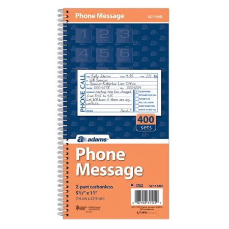 Adams Phone Message Book, Carbonless Duplicate, 5.50 x 11 Inches, 4 Sets per Page, 400 Sets per Book (SC1154D)