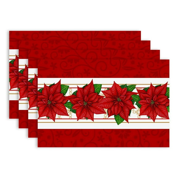 Poinsettia Red Christmas Vinyl Placemats Set of 4, 12x18 Inch Wipeable Winter PVC Woven Table Mats for Party Kitchen Dining Decor