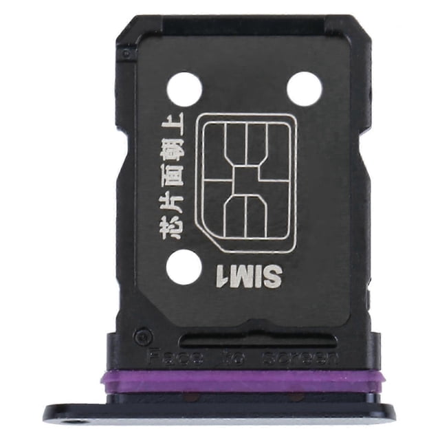 for oppo reno8 pro+ / reno8 pro 5g / reno8 pro china sim + sim card tray Bandeja SIM de reemplazo para OPPO Reno8 Pro+ / Reno8 Pro 5G; vista frontal en primer plano de bandeja negra de plástico con dibujo de tarjeta SIM y orificios de fijación, junta morada en la base sobre fondo blanco. Reemplaza bandeja dañada; instalación profesional recomendada.
