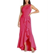 Adrianna Papell Women's One Shoulder Beaded Ruffled Gown Pink Size 4