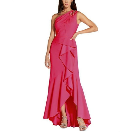 Adrianna Papell Women's One Shoulder Beaded Ruffled Gown Pink Size 4